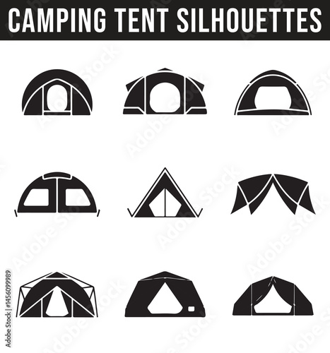 A variety of camping tents silhouettes in different designs and angles, showcasing various outdoor shelter types for adventurous outdoor experiences.