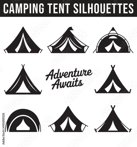 A variety of camping tents silhouettes in different designs and angles, showcasing various outdoor shelter types for adventurous outdoor experiences.