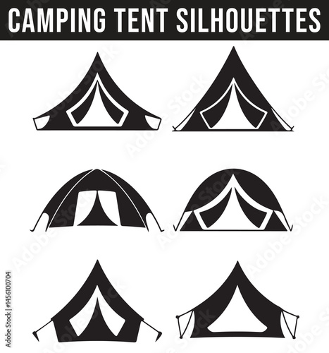 A variety of camping tents silhouettes in different designs and angles, showcasing various outdoor shelter types for adventurous outdoor experiences.
