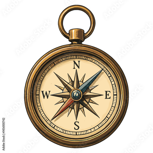 Classic Compass Vector – Brass Navigation Tool with Detailed Rose and Needle, Isolated