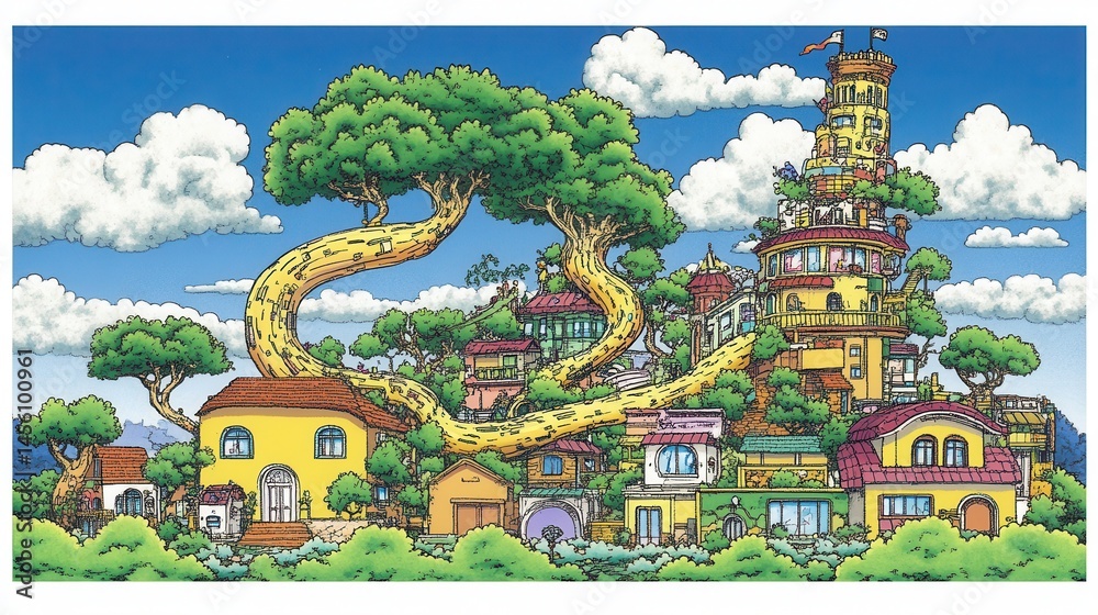 Obraz premium Fantasy town interconnected by winding trunks illustration evoking imagination and whimsical architecture in a storybook landscape