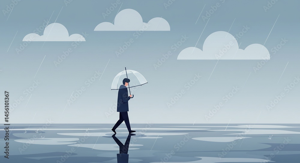 Obraz premium Person Walking with Umbrella in Rain Puddle Reflections
