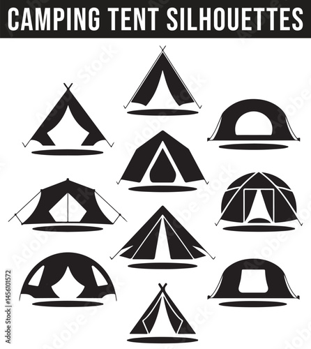 A variety of camping tents silhouettes in different designs and angles, showcasing various outdoor shelter types for adventurous outdoor experiences.