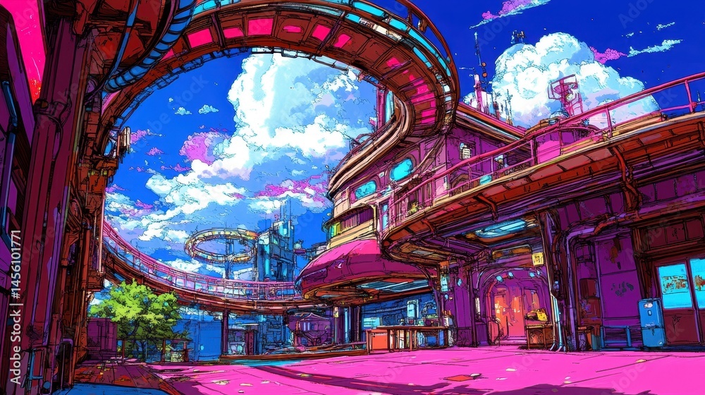Obraz premium Vibrant cityscape with whimsical architecture and surreal sky evoking imaginative dreamlike urban fantasy in vivid color palette