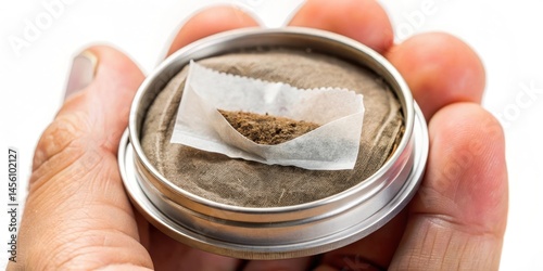A tobacco portion snus pouch placed between two fingers with a slight smile on a white background, snus