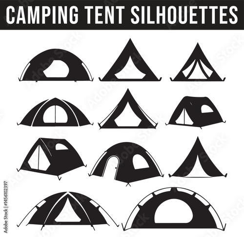 A variety of camping tents silhouettes in different designs and angles, showcasing various outdoor shelter types for adventurous outdoor experiences.