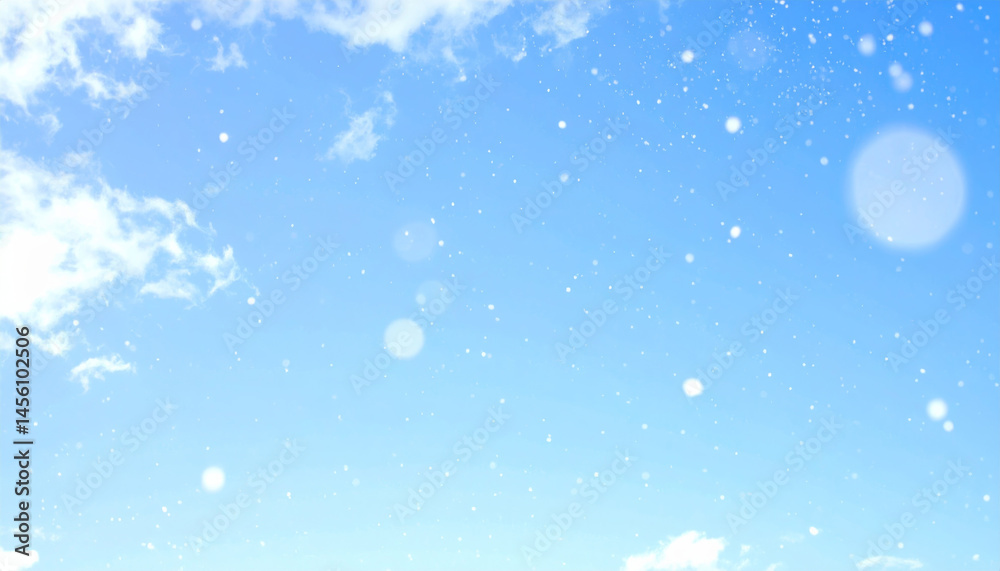 Obraz premium Ethereal winter sky with dreamy blue and white colors, featuring soft light and delicate snowfall particles that create serene and magical atmosphere