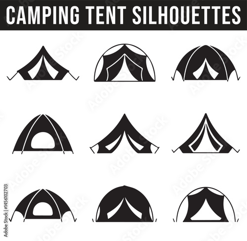 A variety of camping tents silhouettes in different designs and angles, showcasing various outdoor shelter types for adventurous outdoor experiences.