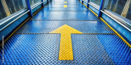 Non slip blue metal floor on footbridge with yellow arrow sign for wallpaper, contemporary interior , footbridge