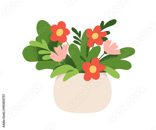 Flowers in pot. Blossoming home plant with delicate blooms and leaves, indoor...