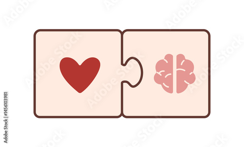 Heart and brain connection, puzzle pieces. Emotional intelligence, balance between feelings and logic, mind jigsaws. Psychology concept. Flat vector illustration isolated on white background