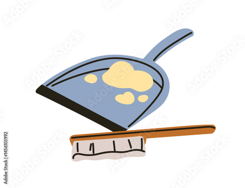 Dustpan and brush, cleaning tools. Dust pan with removed dirt, mud, scraps. F...
