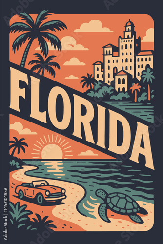 Coastal Travel Poster Featuring Palm Trees, Seaside, Turtle, and Car