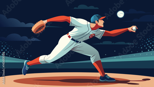 A baseball player is throwing a ball in the air. The scene is set at night, with a dark sky and a baseball field. The player is wearing a white uniform and a red hat