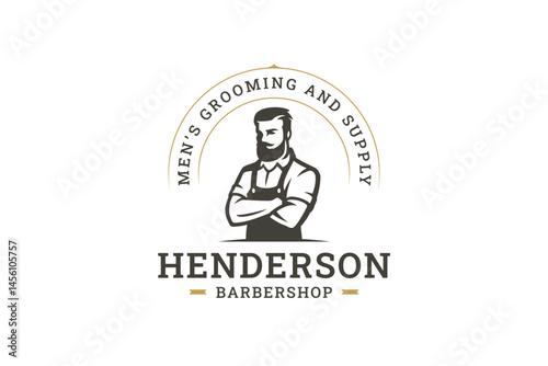 Modern barbershop logo featuring a stylish gentleman in a vintage apron. Retro and professional elements combined, emphasizing grooming and service. Vector illustration
