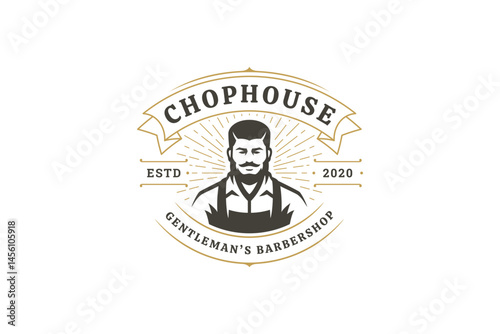 Elegant vintage logo featuring a gentleman with beard and mustache, surrounded by rays of light, with text elements in classic style. Perfect for barbershop branding. Vector illustration