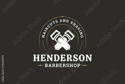 Retro barbershop emblem featuring crossed razors, combs, and gold accents, with a classic typographic design. Suitable for branding and marketing materials. Vector illustration