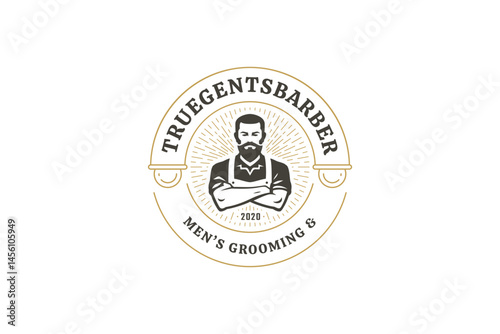 Elegant vintage barber shop logo featuring a confident gentleman with a beard, crossed arms, and a golden halo. The design includes a stylish text and a retro badge-like frame. Vector illustration