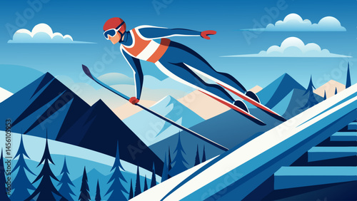 A man is skiing down a mountain with a blue sky in the background. The man is wearing a red helmet and goggles