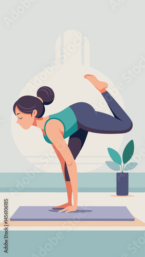 A woman doing a yoga pose on a mat. The pose is a handstand. The woman is wearing a blue top and purple pants