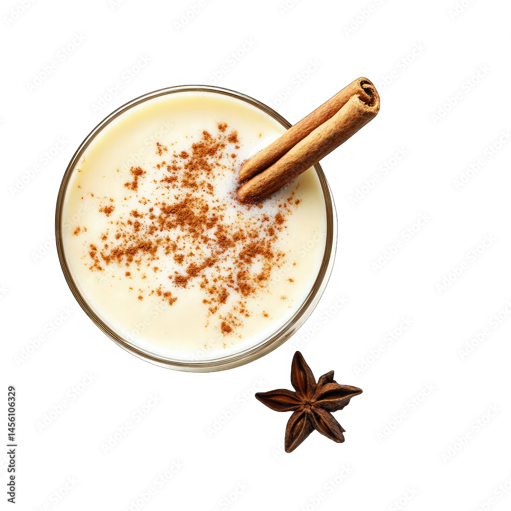 Overhead Shot Creamy Drink with Cinnamon, Star Anise on Transparent Background Overhead Shot Creamy Drink with Cinnamon, Star Anise on Transparent Background