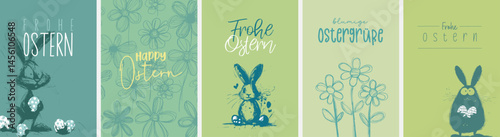5 moderne und süße Grußkarten zu Ostern in deutscher Sprache und im Din Format. 
Moderne perfekte Typo + harmonische Farben + Motive mit Beschnitt + Alle Elemente einzeln selektierbar
