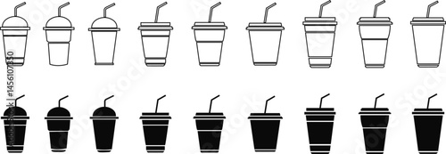 Disposable plastic coffee or tea cup with straw icon vector set. cold drink glasses collection in flat and line style.