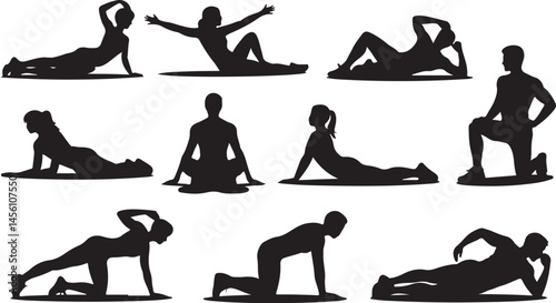 Silhouette Compilation of People Resting and Stretching on Ground for Relaxation and Leisure Lifestyle Themes