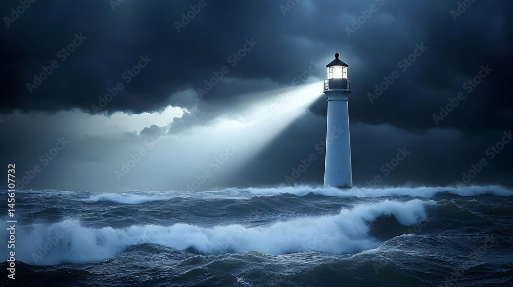Beacon of Hope: Lighthouse Shining Through a Stormy Sea with Dark Clouds Beacon of Hope: Lighthouse Shining Through a Stormy Sea with Dark Clouds