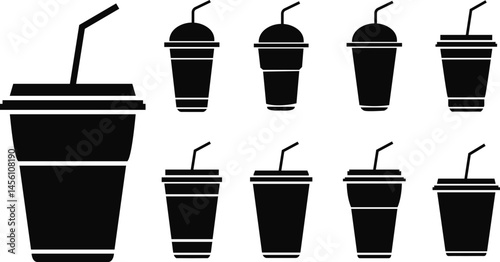 Disposable plastic coffee or tea cup with straw icon vector set. cold drink glasses collection in flat style.
