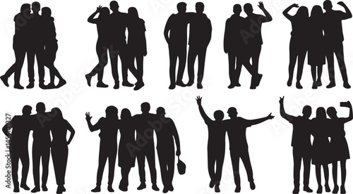 Silhouette Pack of Friends in Group Poses Hugging and Taking Selfies for Social Connection and Team Spirit Themes