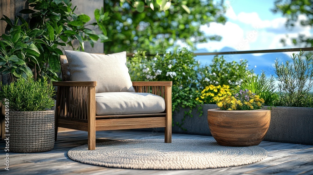 Fototapeta premium Wooden outdoor chair, lush plants, serene balcony