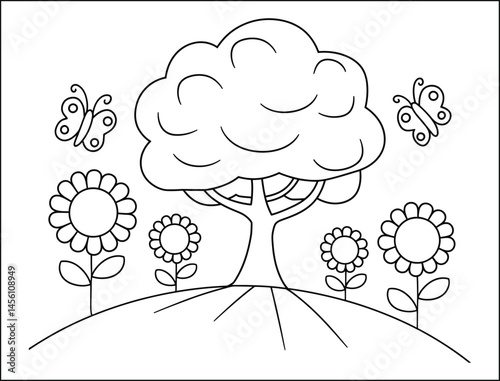 Simple Coloring Page Tree Flowers Butterflies Hill