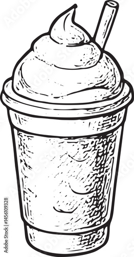 A hand-drawn illustration of a cup of whipped drink topped with a swirl of cream and a straw, representing a refreshing beverage