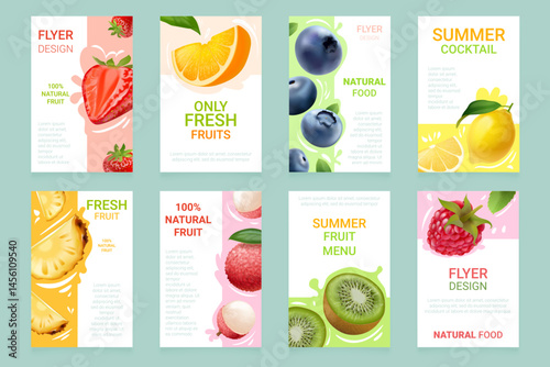 Realistic fruit flyers. Summer fruits menu design template, ripe fresh tropical exotic juice sweet healthy food abstract background brochure cards, 3d exact vector illustration