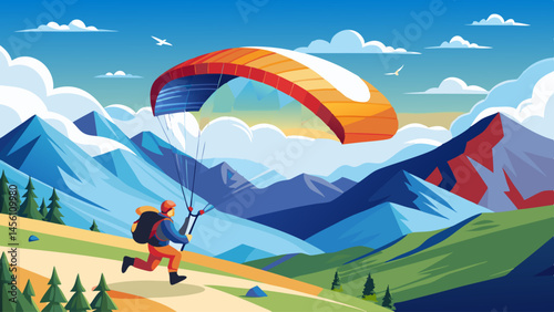 A man is flying a parachute in the mountains. The sky is blue and the mountains are covered in snow