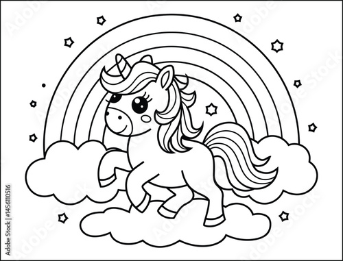 Cute Unicorn on Rainbow and Clouds Coloring Page