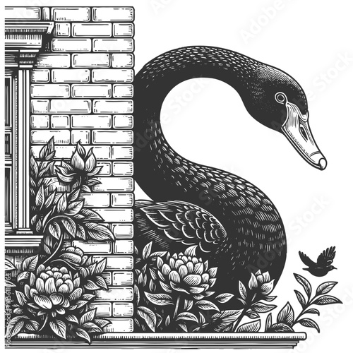colossal black swan at the entrance of a house, symbolizing unforeseen disruption or rare events sketch engraving generative ai vector illustration. Scratch board imitation. Black and white image.