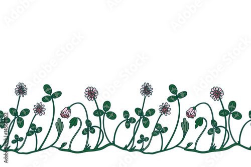 Botanical floral border isolated on white background. Hand drawn doodle clover plant with pink Flowers Stems green Leaves vector illustration. Graphic design doodle element for Birthday Wedding Card