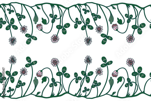 Botanical floral border isolated on white background. Hand drawn doodle clover plant with pink Flowers Stems green Leaves vector illustration. Graphic design doodle element for Birthday Wedding Card