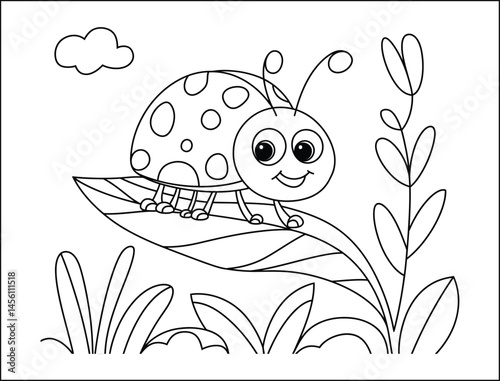 Cute Ladybug on Leaf Coloring Page for Kids