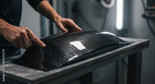 Inspecting Carbon Fiber Part by Hand on Workbench