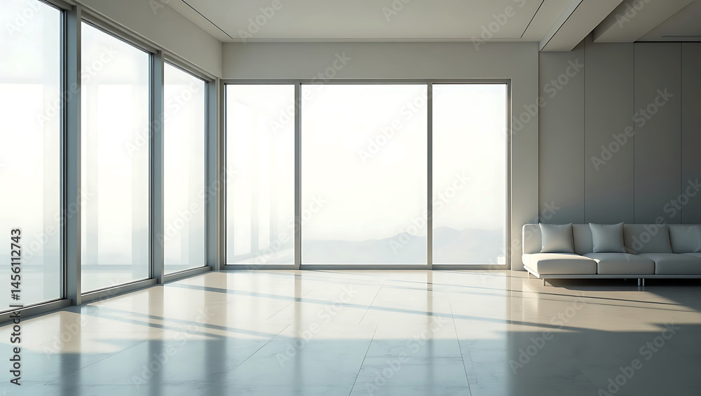 Fototapeta premium minimalist modern living room window interior design white empty room with summer landscape