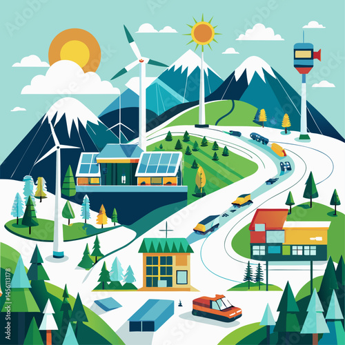 A drawing of a mountain town with a large windmill. The drawing is of a town with a lot of people and buildings. The mood of the drawing is peaceful and serene