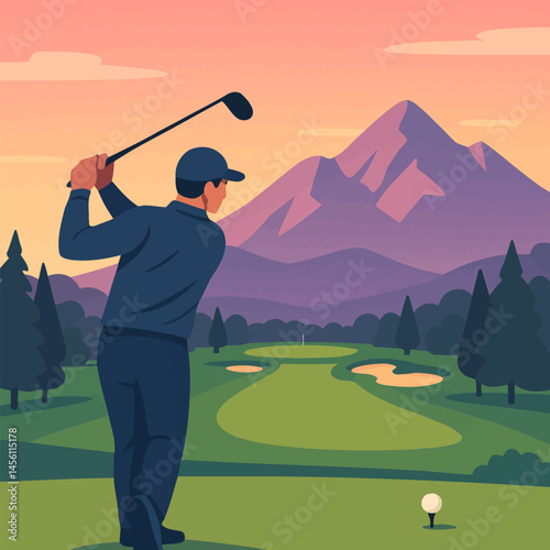Person Golfing on a Course with Mountains and a Colorful Sky