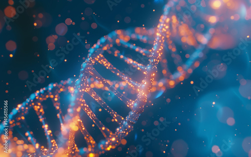 3D rendering of a double helix DNA structure with glowing dots on a blue background
