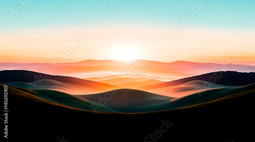 Vibrant Sunset Over Rolling Hills and Misty Valleys