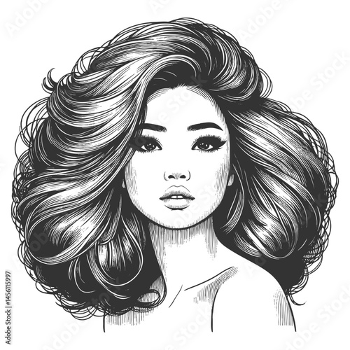 Asian woman with striking voluminous hair, showcasing elegance, beauty, and timeless fashion sketch engraving generative ai vector illustration. Scratch board imitation. Black and white image.