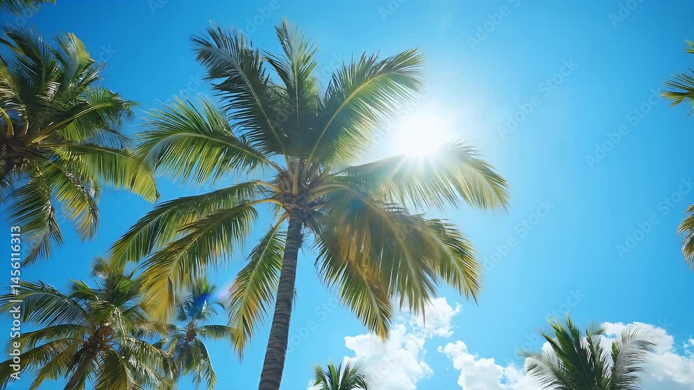 Sunny Tropical View through Palm Trees Against Blue Sky with Sunlight and Cloudscape Clear Day Scenery Sunny Tropical View through Palm Trees Against Blue Sky with Sunlight and Cloudscape Clear Day Scenery