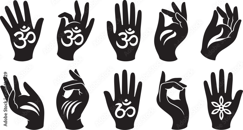 Fototapeta premium Hand Gesture Icons with Spiritual and Cultural Symbols Collection Hand Silhouette Vector for Artistic & Religious